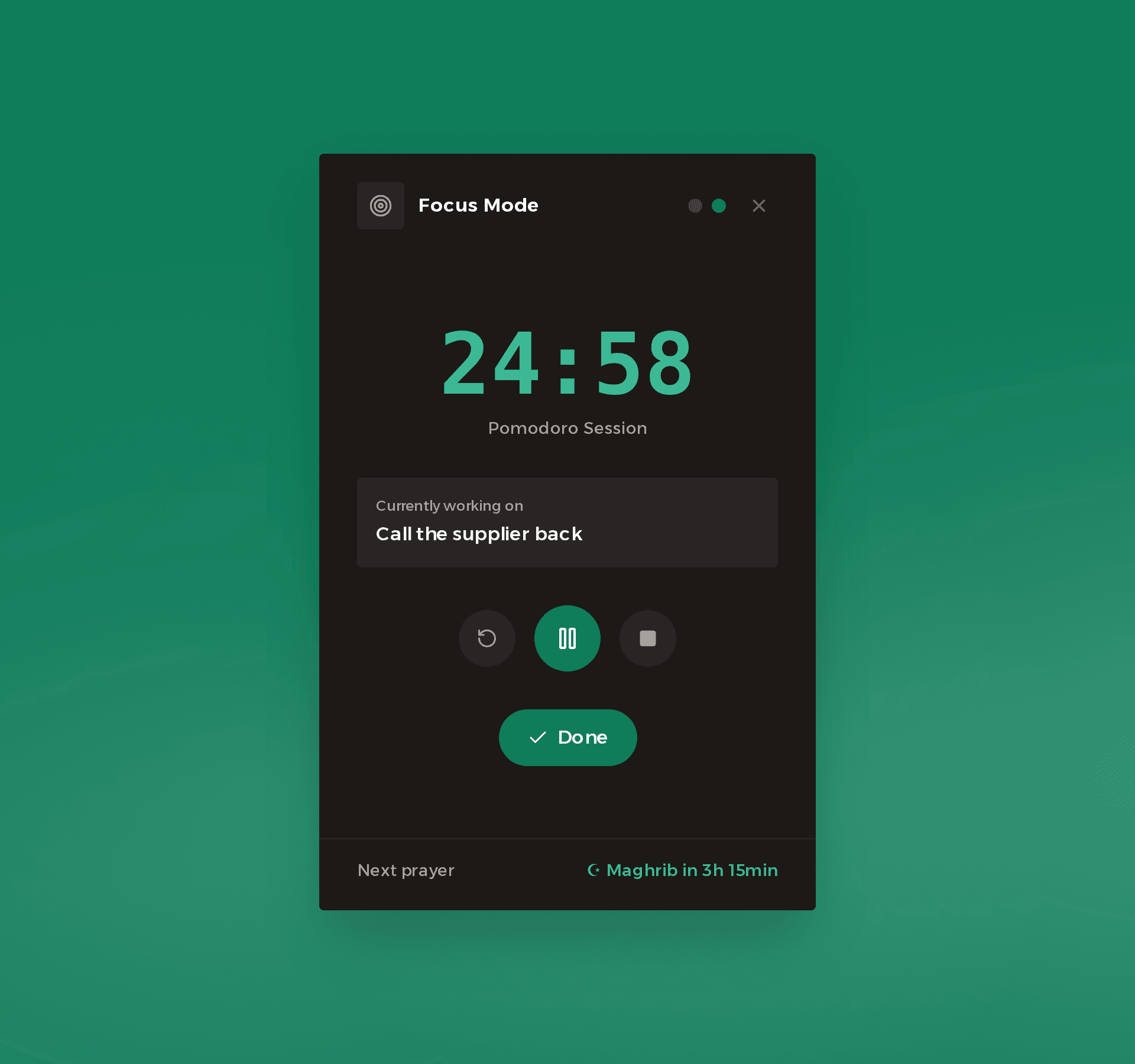 Focus mode running a 25-minute Pomodoro on one task, with the next prayer shown underneath