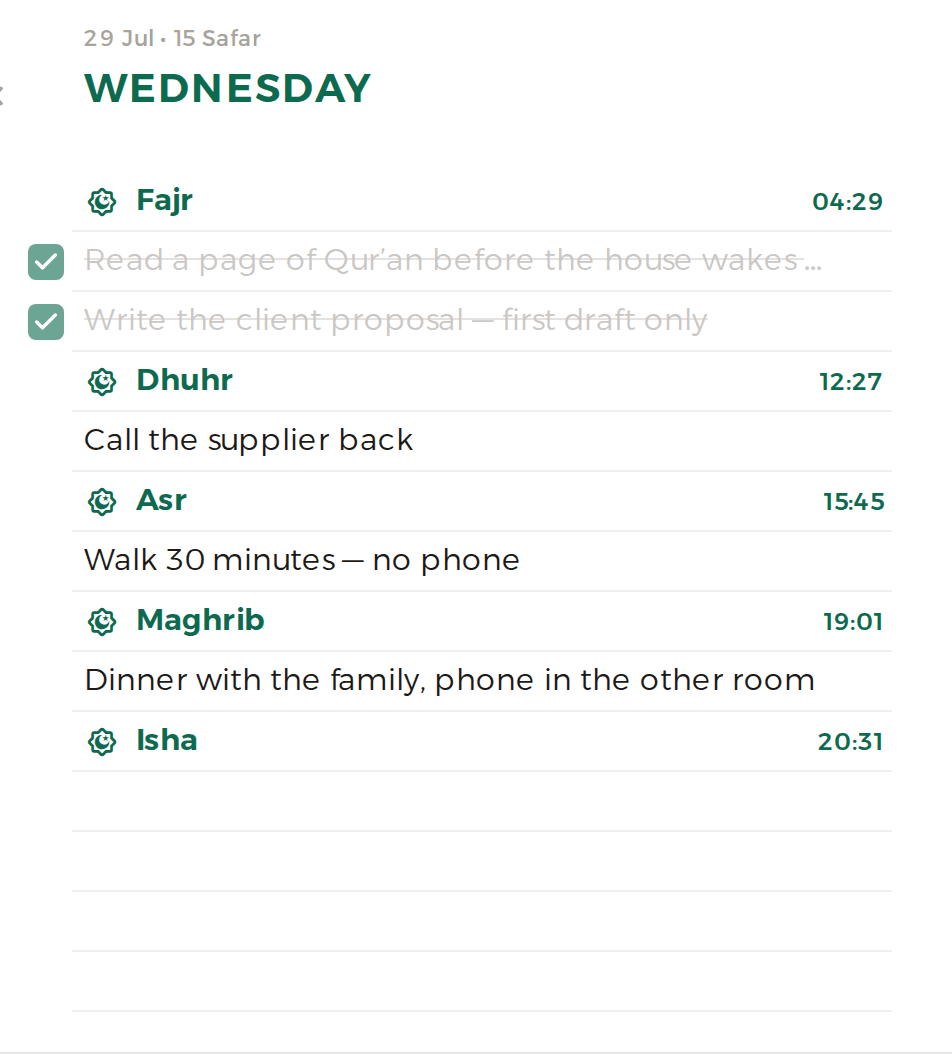 A day column with tasks placed between Fajr, Dhuhr, Asr, Maghrib and Isha